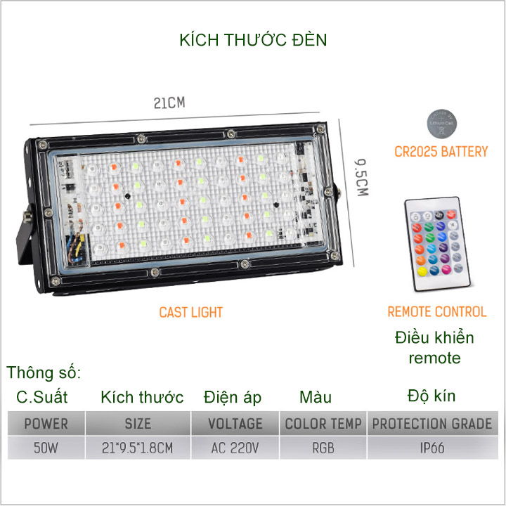 Đèn led pha đổi màu RGB 50W-220V kèm điều khiển từ xa-Remote