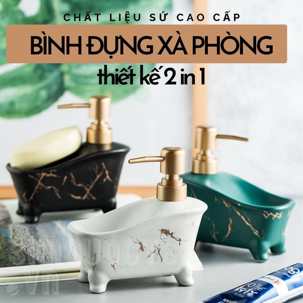 Bình sứ đựng xà phòng sữa tắm, dầu gội, nước rửa tay vân đá thiết kế 2in1