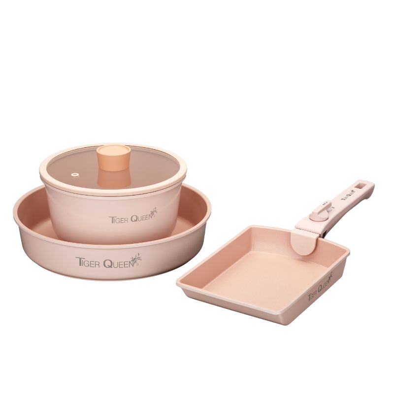 Bộ nồi Ceramic tay cầm rời từ tính Tiger Queen DCWCP-SET [5 món] - Màu hồng hoa anh đào - Chính hãng