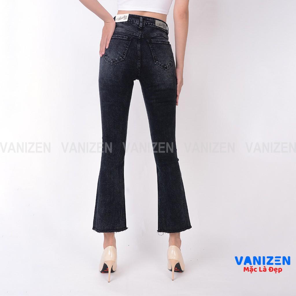 Quần jean nữ ống loe đẹp lưng cao cạp cao xước nhẹ xám khói hàng hiệu cao cấp mã 451 VANIZEN