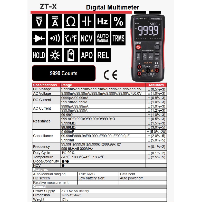 Đồng Hồ Đo Điện Vạn Năng Điện Tử Zoyi ZT-X, Đồng Hồ Đo Điện Đa Năng Cao Cấp Đo Điện Trở Cách Điện, Điện Áp AC DC, Kiểm Tra Tụ Điện, Dò Điện NVC, Đo Điện Dung, Nhiệt Độ- Hàng Chính Hãng