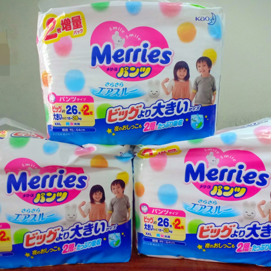 Combo 3 bịch tã/ quần tã Merries XXL 26+2