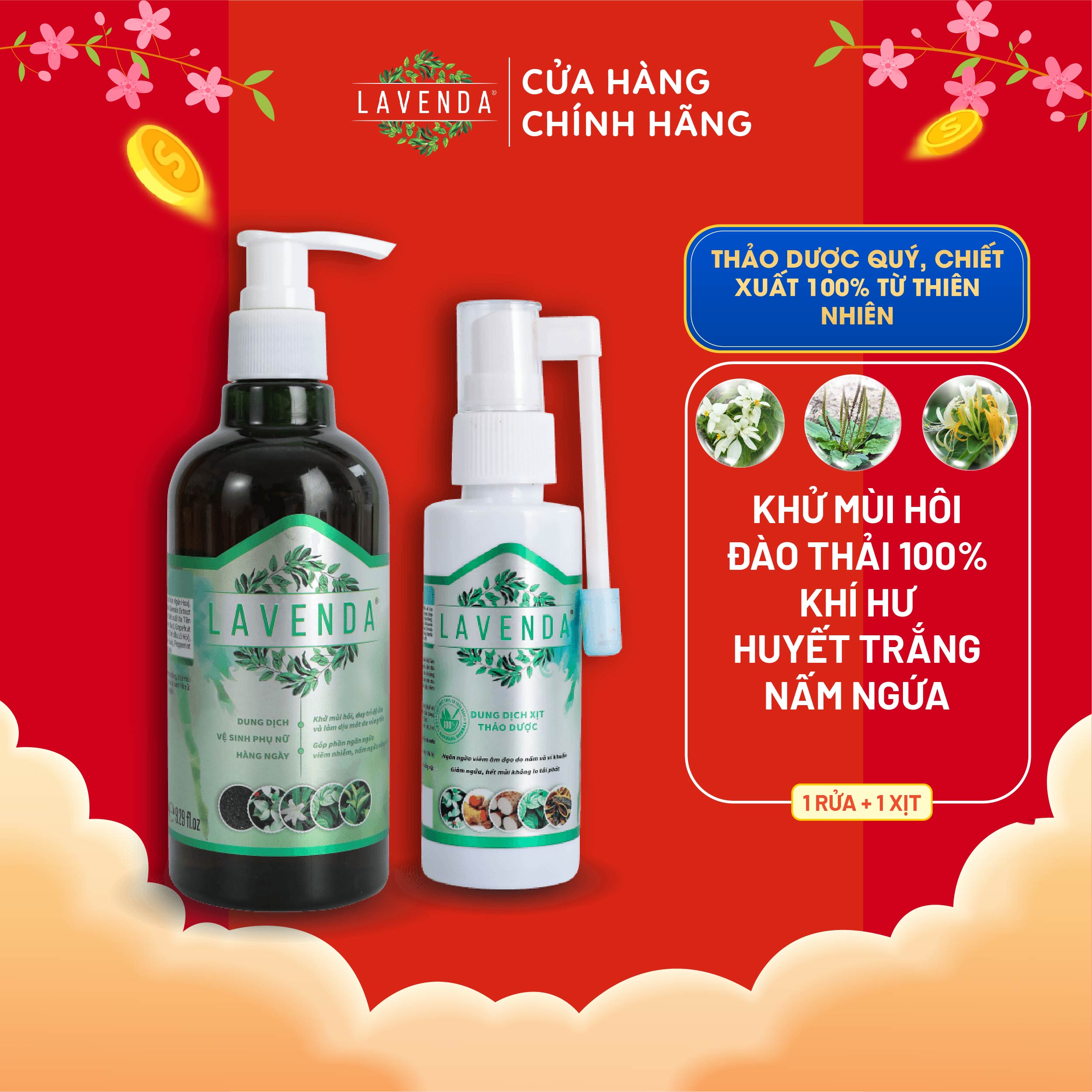 Combo khử Nấm ngứa, Khử mùi hôi, khí hư, Huyết trắng (1 xịt Lavenda 60 ml + 1 rửa Lavenda 275ml)