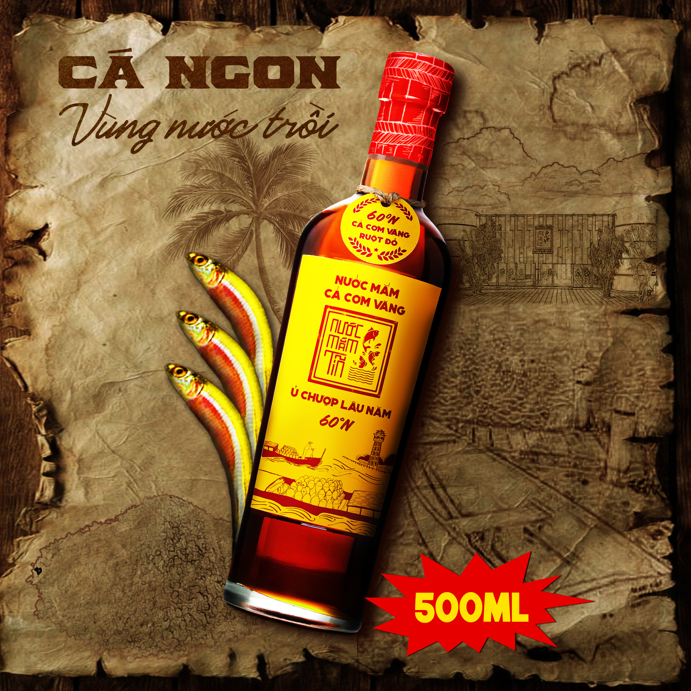 Đặc Sản Phan Thiết -  Nước Mắm Tĩn Cá Cơm Vàng Ruột Đỏ Độ Đạm 60N Chai Thuỷ Tinh 500Ml Nước Mắm Truyền Thống