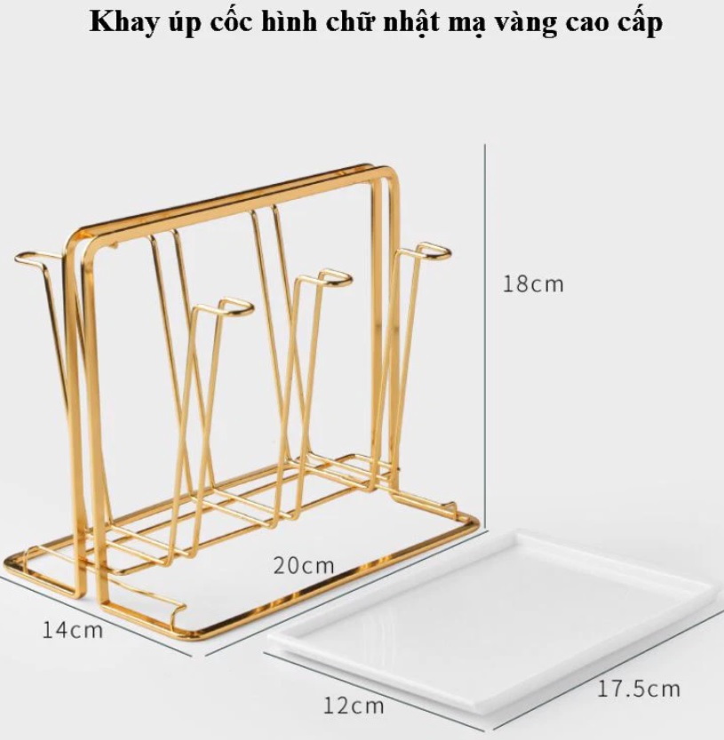 Khay úp ly kim loại mạ vàng hình chữ nhật có chỗ hứng nước (TẶNG MÓC KHÓA GỖ)