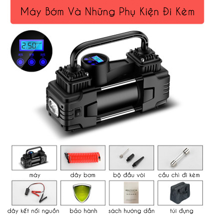 Bơm Lốp ôtô 12V có đồng hồ điện, Bơm hơi ô tô có đồng hồ điện tử chỉ áp suất lốp