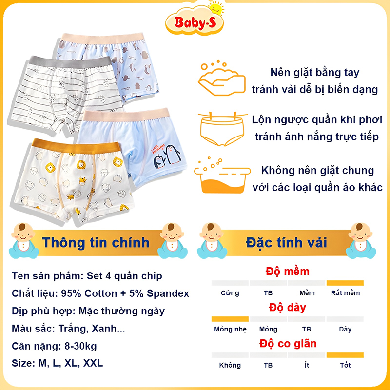 Quần chip bé trai nhiều họa tiết đáng yêu Baby-S, Set 4 quần lót bé trai cao cấp thấm hút tốt – SC029