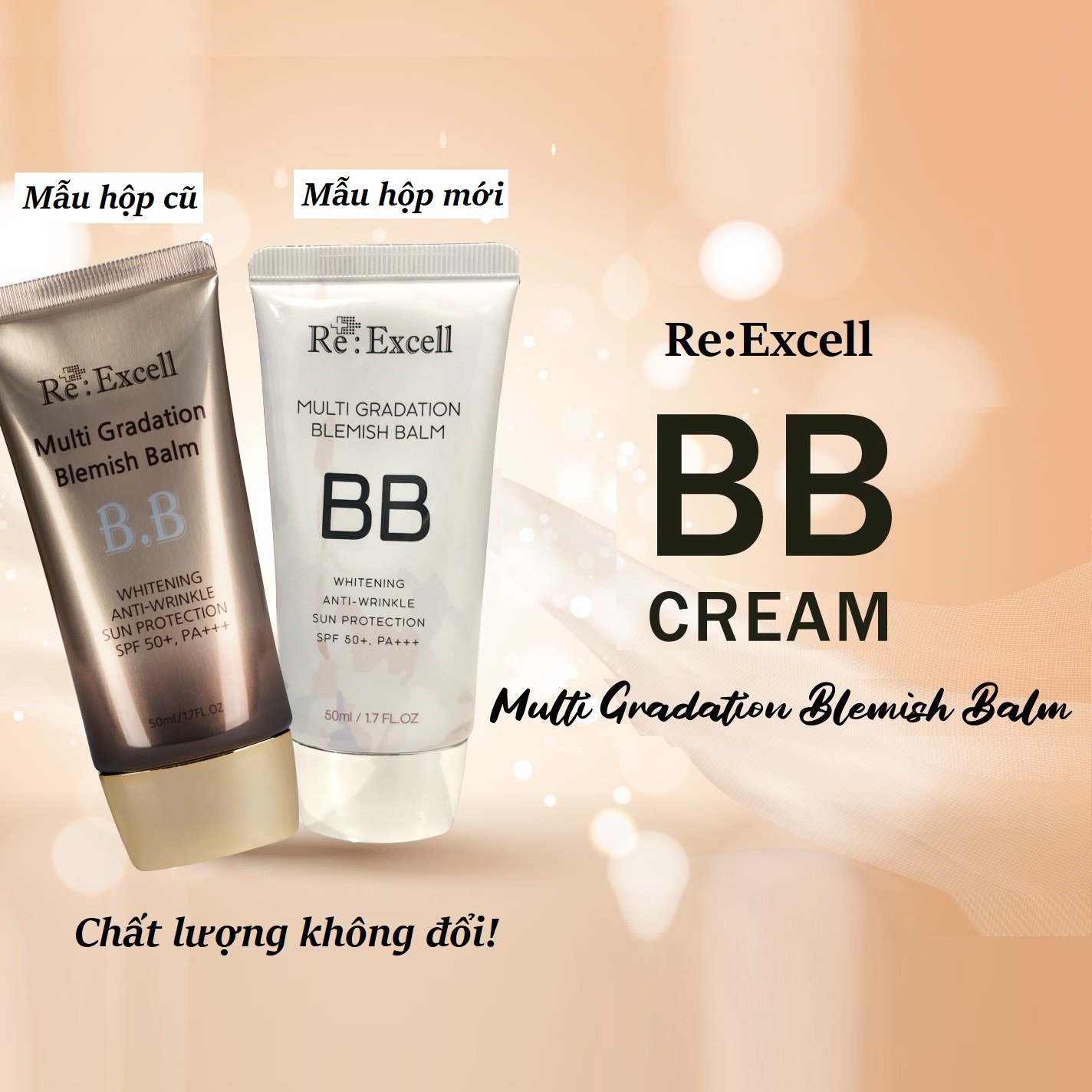 BBCream Re:Excell 4 in1 Hàn Quốc Multi Gradation Blemish Balm R&amp;B kem nền, kem lót trang điểm, che phủ khuyết điểm, chống nắng, bật tone da sáng mịn tự nhiên, không bí bết, không lộ vân kem, 50ml