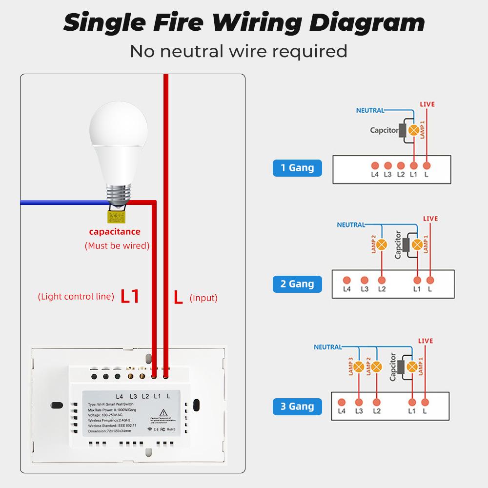 Tuya Wifi Us Brazil Smart Touch Switch Light Không có Neutral 110V 220V 1/2/3 Gang Wall On Off Screen Panel Đối với Alexa Trang chủ Google