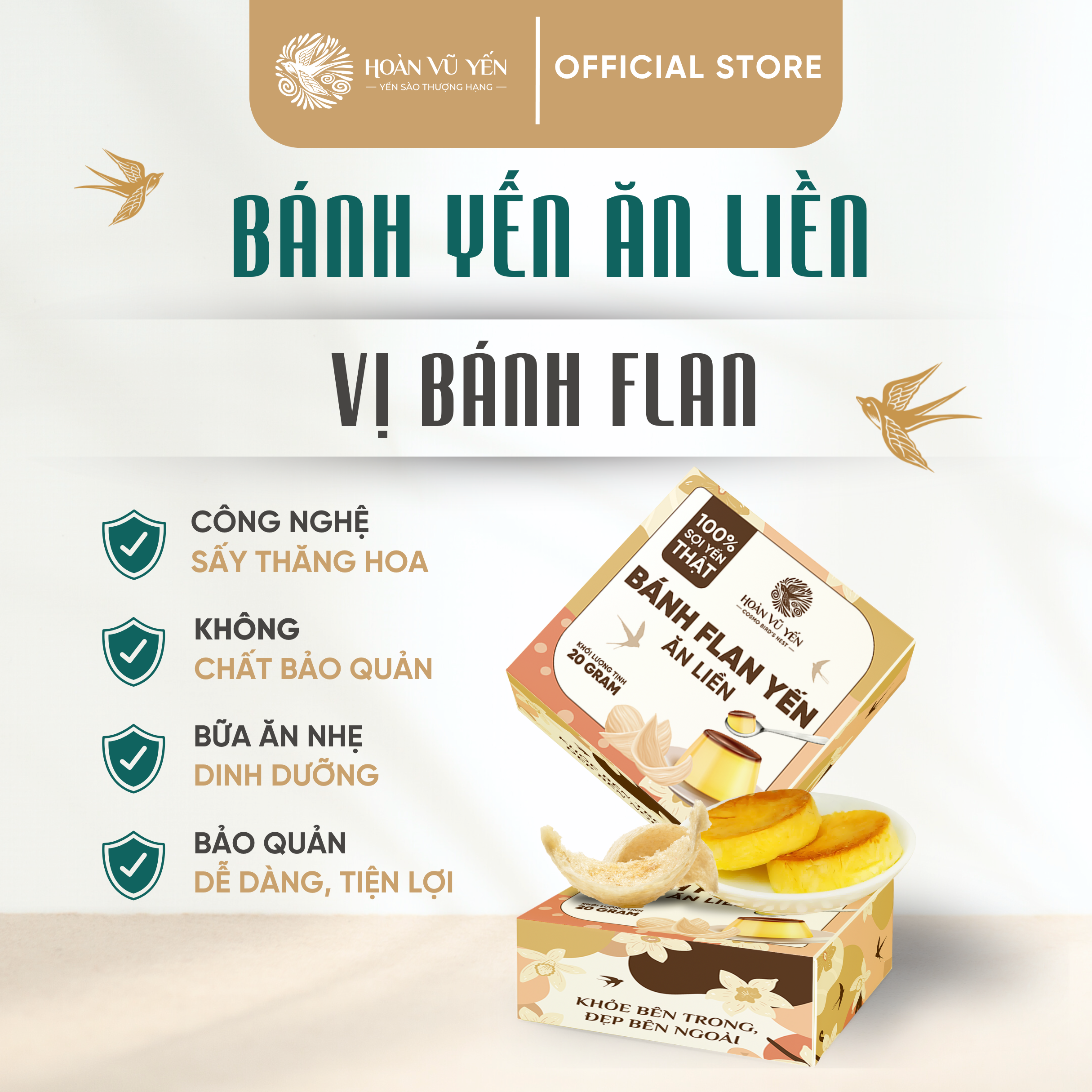 Bánh Flan Yến Sào Nguyên Chất Kết Hợp Trứng Gà Tươi, Sữa Tươi &amp; Caramel – Mềm Mịn Tan Chảy, Béo Ngậy, Giòn Tan, Bổ Dưỡng, Không Chất Bảo Quản, Tốt Cho Tiêu Hóa &amp; Trí Não