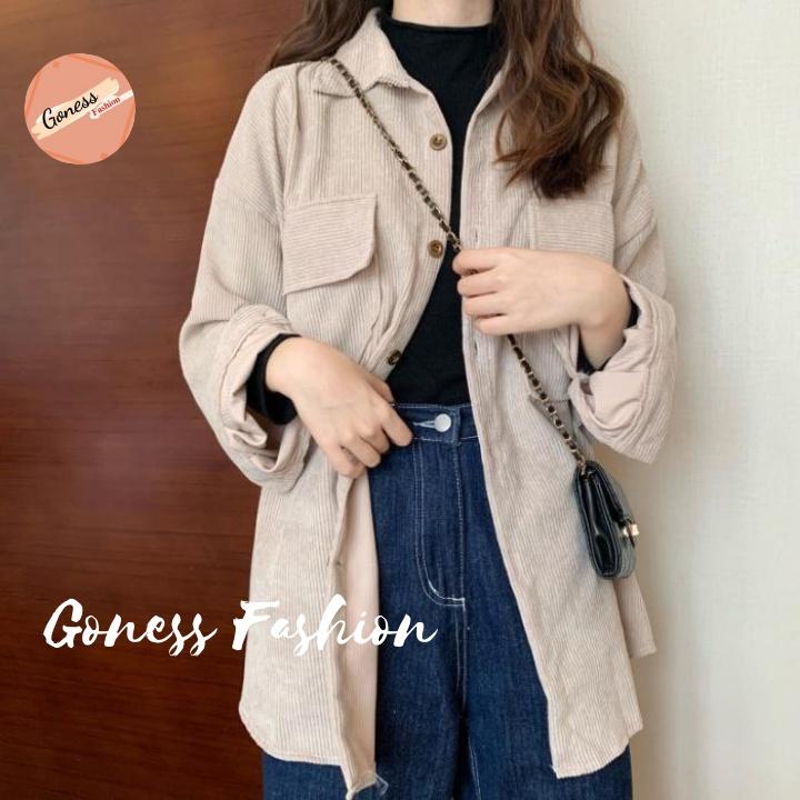 Áo sơ mi nữ Goness dáng bomber phong cách khoác ulzang Hàn Quốc chất liệu nhung tăm đẹp AS02