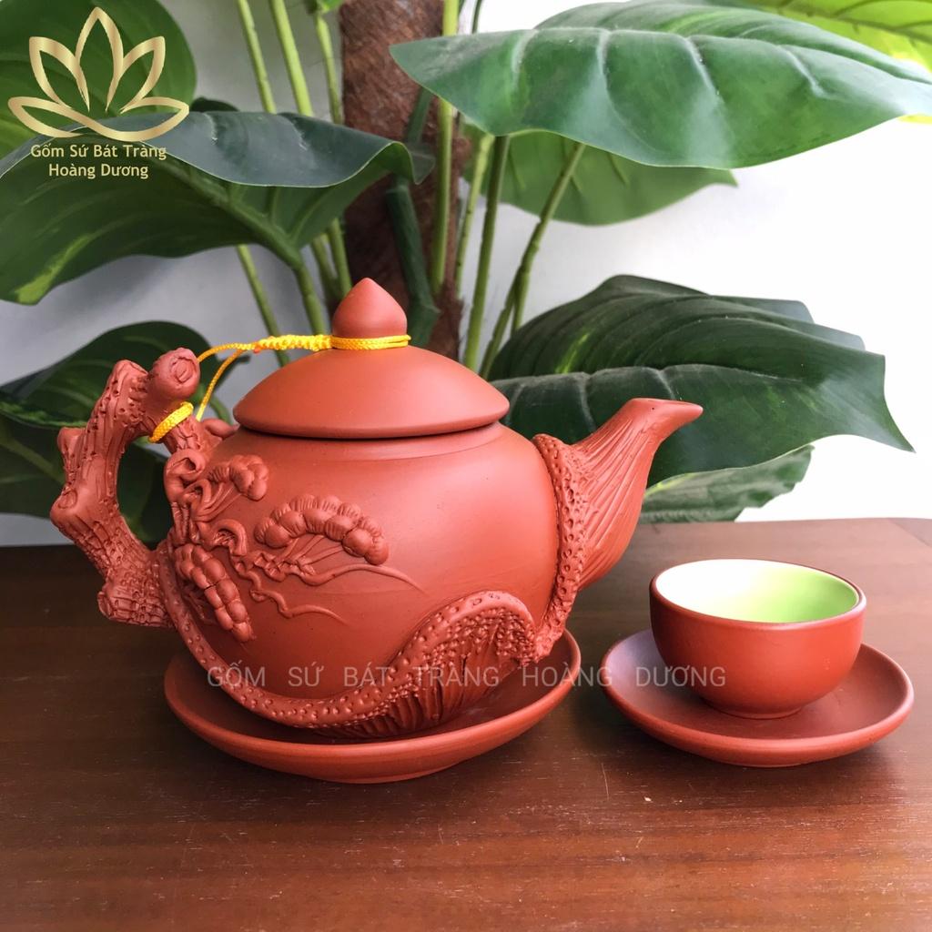 Bộ ấm chén trà Tử sa Bát Tràng đắp nổi Lão Tùng đỏ 400ml