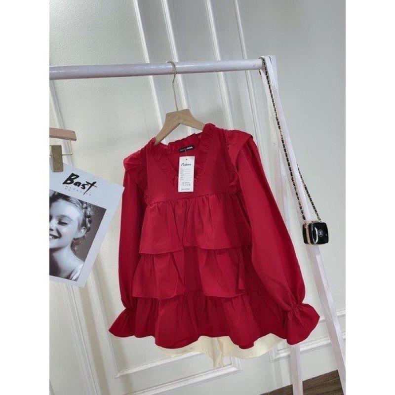 Set áo babydoll đỏ tầng cổ viền bèo kèm quần short kem lưng thun