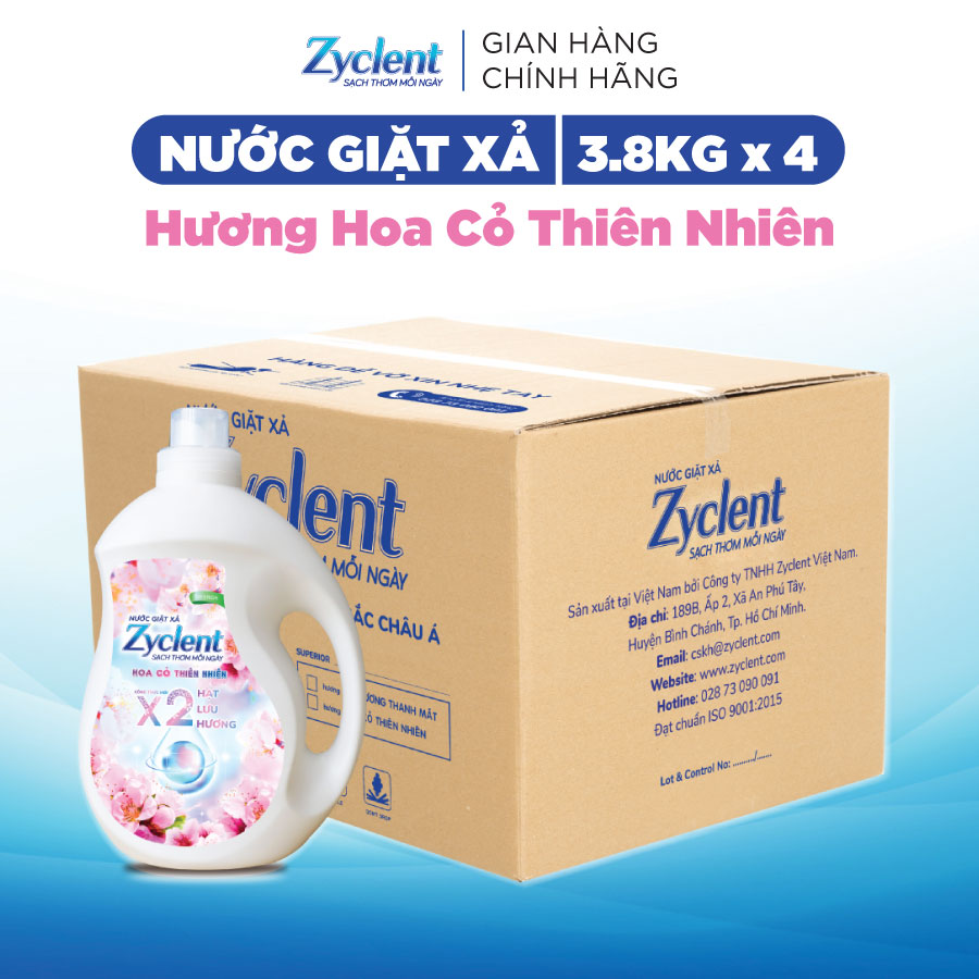 Thùng Nước Giặt Xả Zyclent Superior Hương Hoa Cỏ Thiên Nhiên (3.8kg x 4 can)