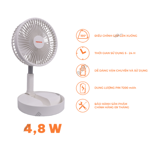 Quạt Sạc Điện Gấp Gọn Nanoco NFF1617W Màu trắng - Hàng chính hãng