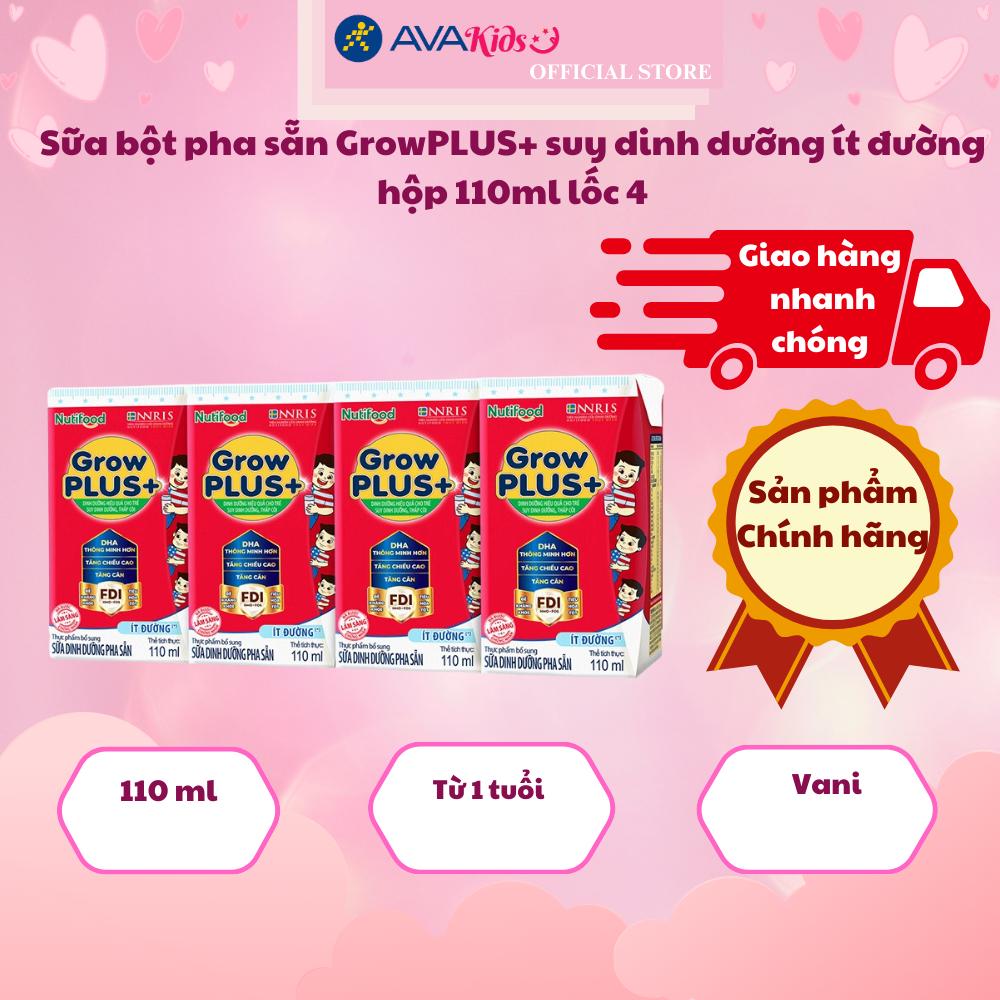 Lốc 4 hộp sữa pha sẵn Nutifood GrowPLUS+ đỏ ít đường hương vani 110 ml cho trẻ suy dinh dưỡng, thấp còi (từ 1 tuổi)