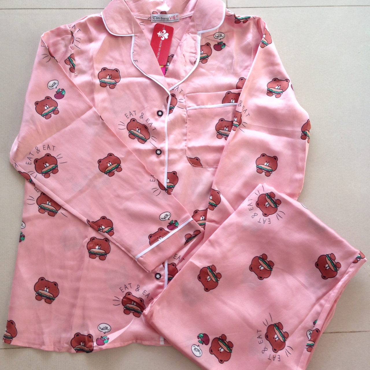 Bộ phi lụa quần dài, tay dài họa tiêt ngẫu nhiên