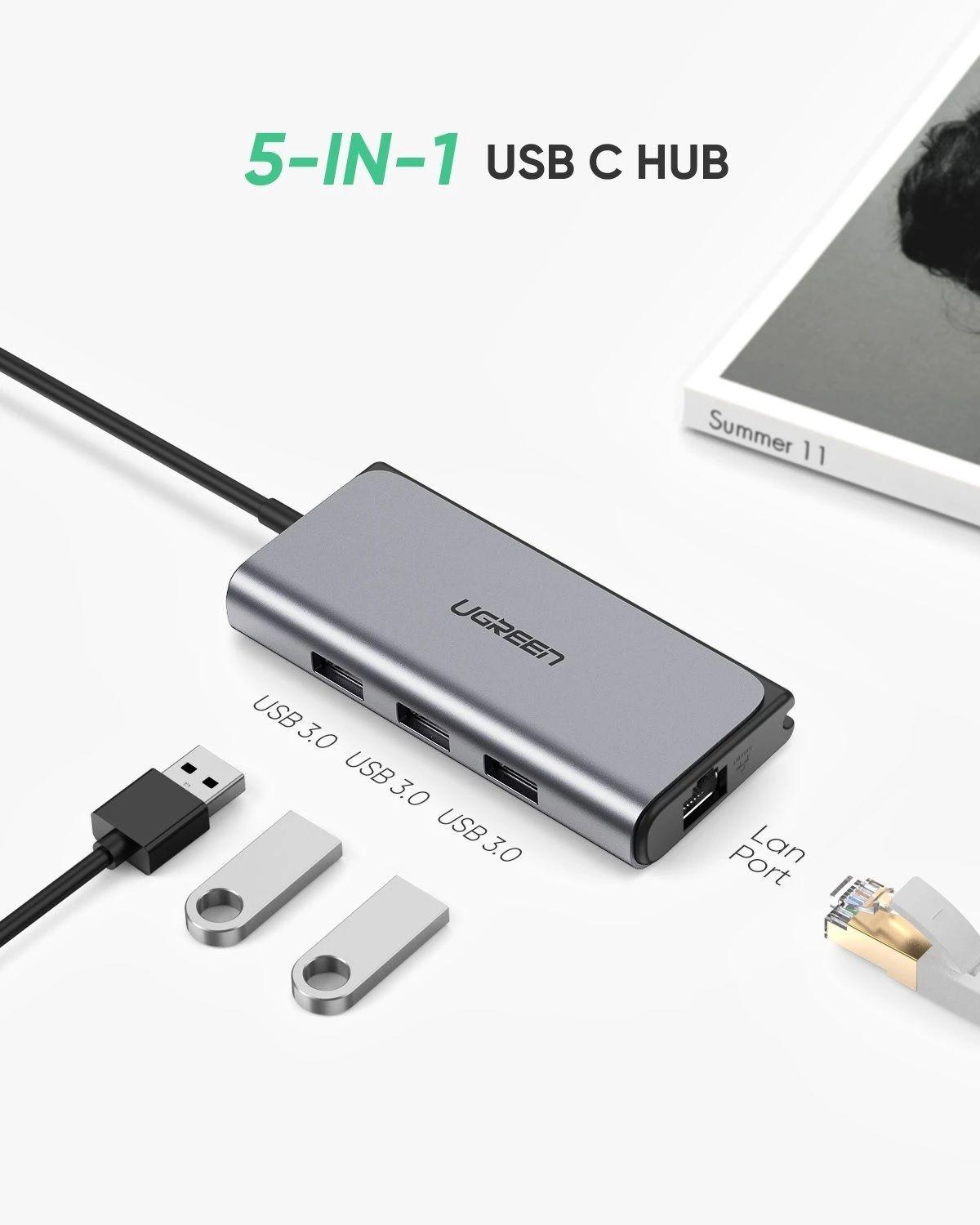 Ugreen UG50851CM208TK 5 trong 1 xám đen bộ chuyển USB type C Hub ra RJ45 Gigabit Ethernet + 3 cổng USB 3.0 cổng cấp nguồn Micro USB - HÀNG CHÍNH HÃNG