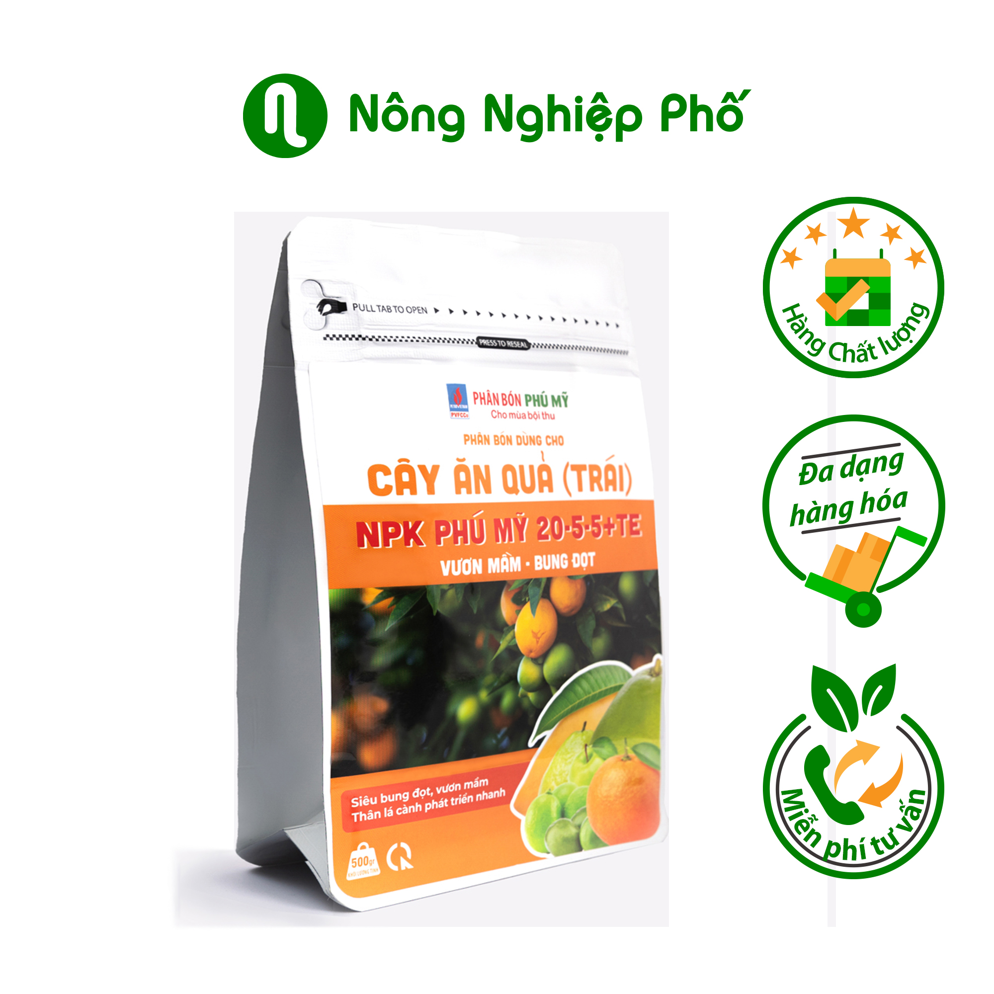 Phân NPK Phú Mỹ 20-5-5 + TE Cây ăn quả - Gói 500gram