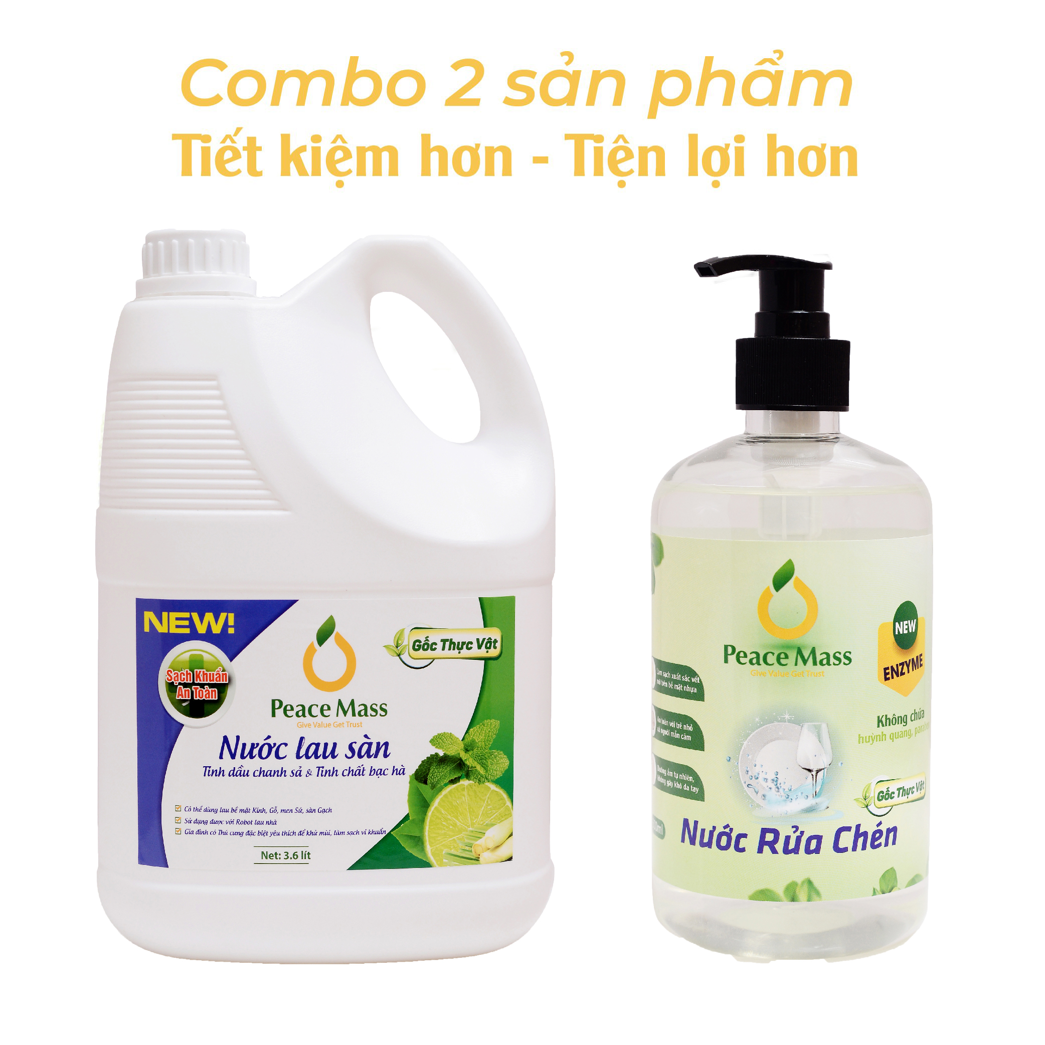 Combo Sản Phẩm Gốc Thực Vật LSB1 Peace Mass - Nước Lau Sàn TD Chanh Sả - Bạc Hà 3.6l + Nước Rửa Chén 500ml