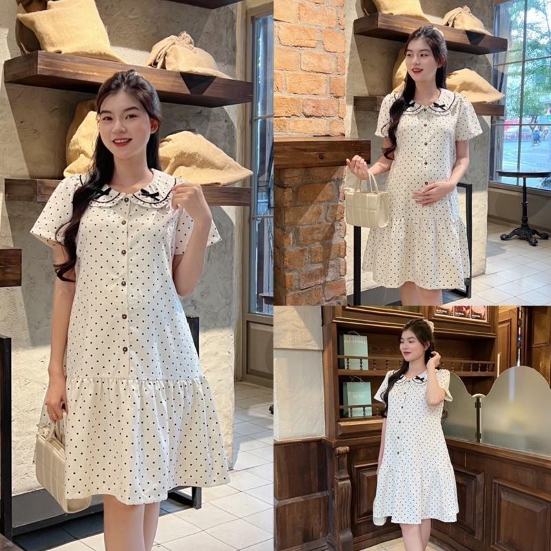 Đầm bầu chấm bi cổ sen đính nơ dễ thương, thanh lịch phù hợp cho mẹ bầu và sau sinh - Trắng kem