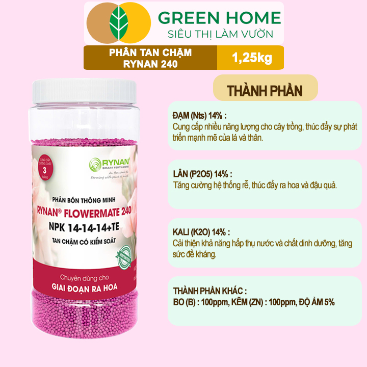 Phân Tan Chậm GreenHome, Rynan 240, Hũ 1,25kg, Dùng Cho Hoa Hồng Ra Hoa Đều Và Màu Sắc Rực Rỡ