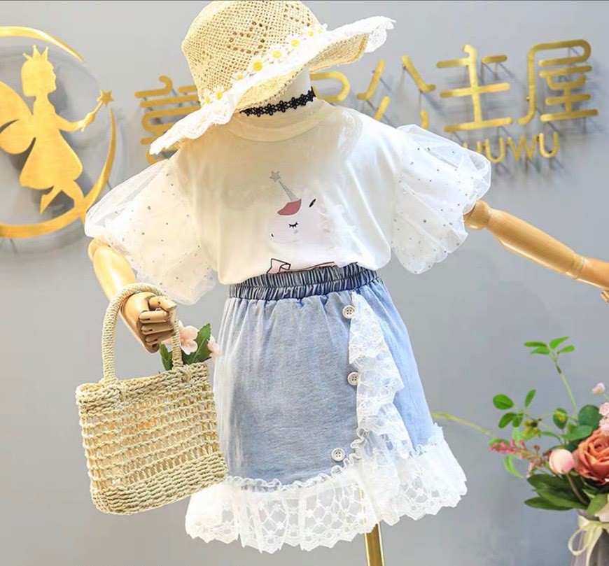 Quần áo bé gái, nguyên set chân váy phối áo hình Pony cho bé gái đi chơi đẹp từ 12-20kg chất cotton mềm mát