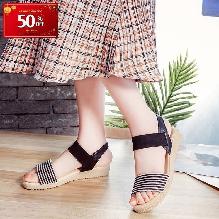 FreeShip Giày Sandal Nữ Quai Ngang Vải Cao Cấp Style Hàn Quốc - 3134 (Sọc Ngang)