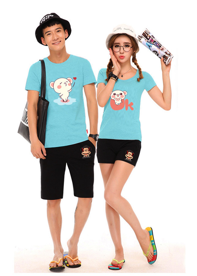 Áo Thun Đôi In Họa Tiết Love -Ok Độc Lạ-Màu Xanh Thiên Thanh