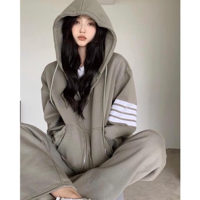 Set bộ quần áo len tăm 3 sọc áo hoodie quần dài màu xám mặc thu đông