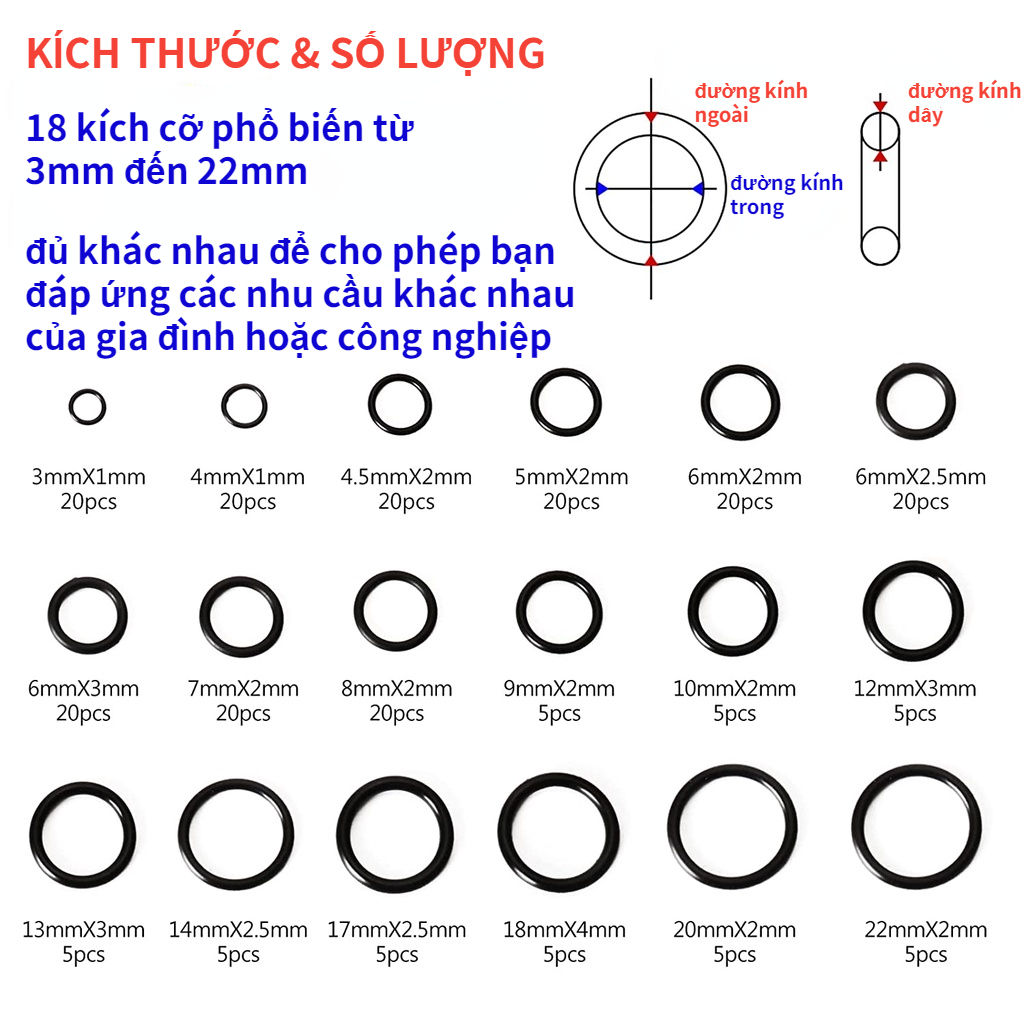 225 chiếc Cao su O Ring Máy giặt O-Ring Seals Độ kín nước Các loại Kích thước khác nhau với Bộ hộp