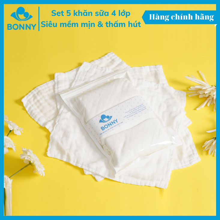 Set 5 Khăn Rửa Mặt 4 Lớp Sợi Tre Lụa Mềm, Thấm Hút Tốt, Kháng Khuẩn 100% Thương Hiệu Bonny