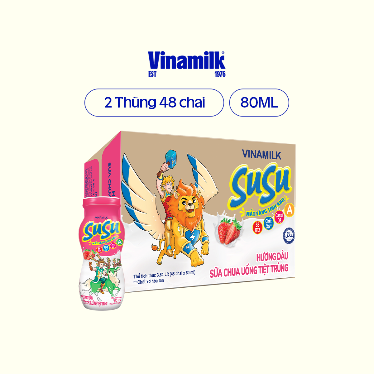 Bộ 2 Thùng (96 chai) Sữa chua uống Susu IQ Hương Dâu chai 80ml (màng nhôm) - 48 chai/thùng