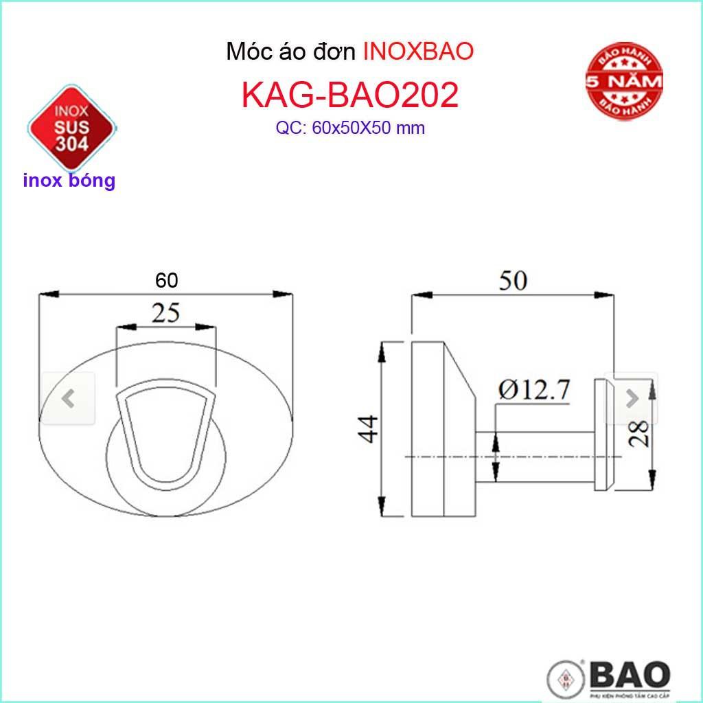 Móc đơn Inox Bảo KAG-BAO202, móc treo đồ nhà tắm SUS304 đế oval thiết kế đẹp sang trọng gọn gàng