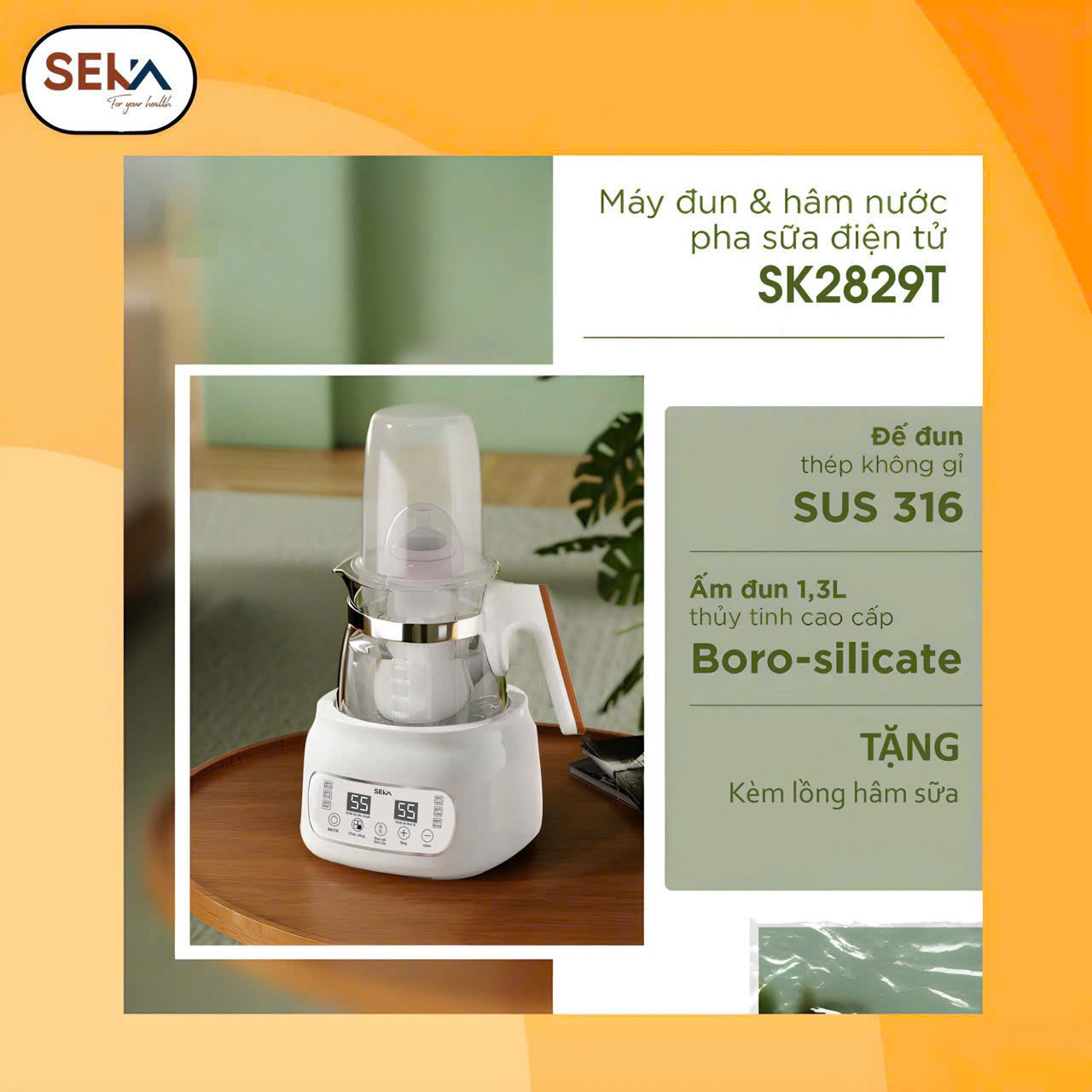 Máy đun và hâm nước pha sữa điện tử Seka, đun sôi khử Clo giữ ấm,thể tích 1,3L hàng nhập khẩu