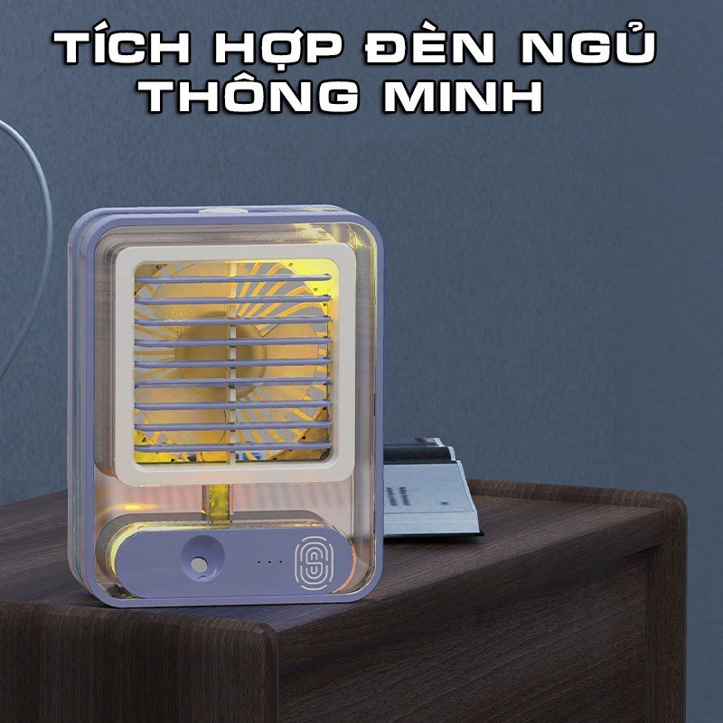 QUẠT CẢM ỨNG ĐIỀU HÒA MINI 3 TỐC ĐỘ GIÓ LÀM MÁT NHANH, NGĂN CHỨA ĐÁ DUNG TÍCH 150ML - QUẠT ĐỂ BÀN TRONG SUỐT TÍCH HỢP ĐÈN NGỦ ĐẶT BÀN SANG XỊN