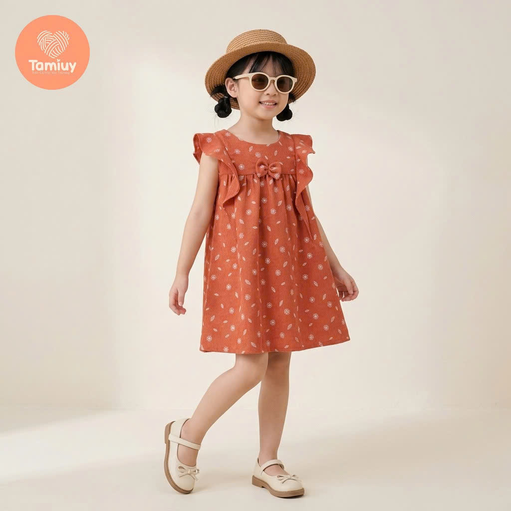 Đầm Bé Gái Họa Tiết Hoa Nhí TAMIUY , Phối Bèo Tay Dễ Thương, Đi Chơi Đi Tiệc Size 2-12