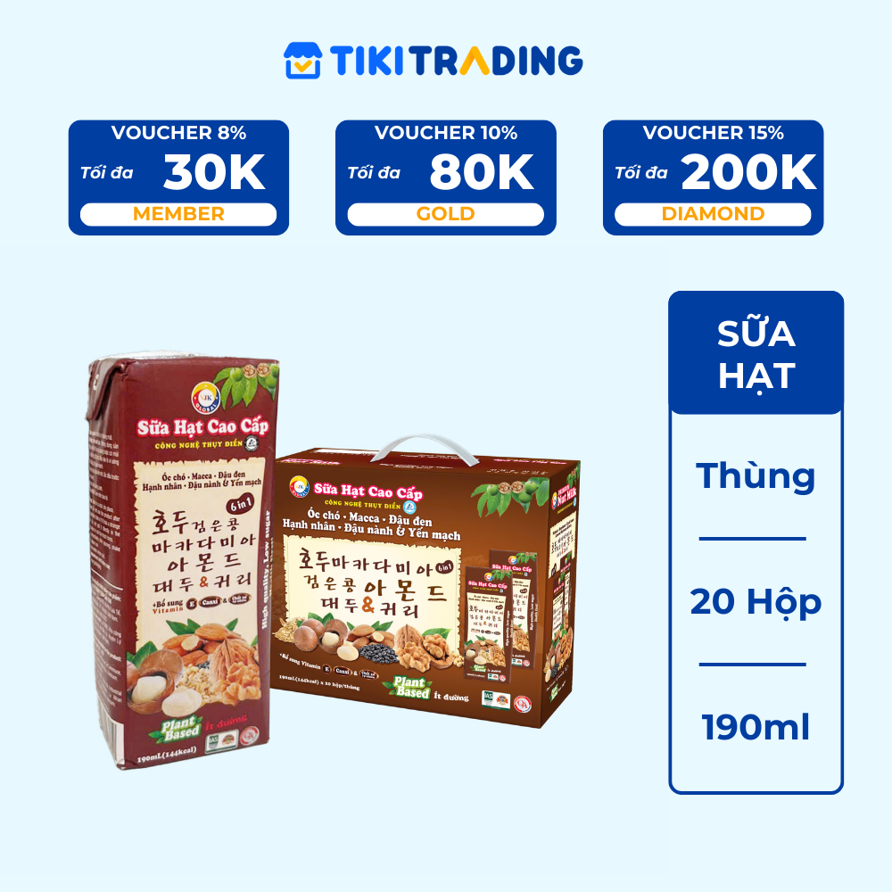 Sữa hạt cao cấp Óc chó-Macca-Đậu đen-Hạnh nhân-Đậu nành & Yến mạch 190ml (24 hộp/thùng)