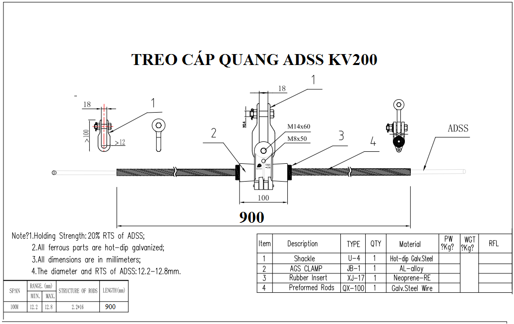 Combo 10 bộ Treo cáp quang ADSS- KV200M, hàng chính hãng