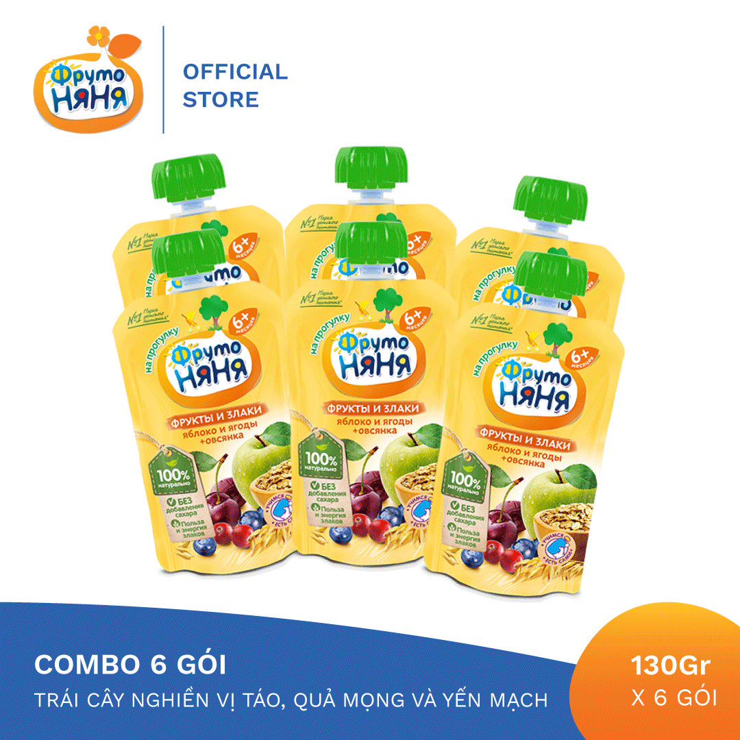 Combo 6 Gói Trái cây nghiền vị táo, quả mọng và yến mạch Fruto Nyanya 130g