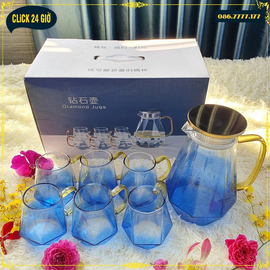 Bộ 1 Bình Và 6 Cốc Thủy Tinh Chịu Nhiệt Diamond Jugs - Màu Xanh