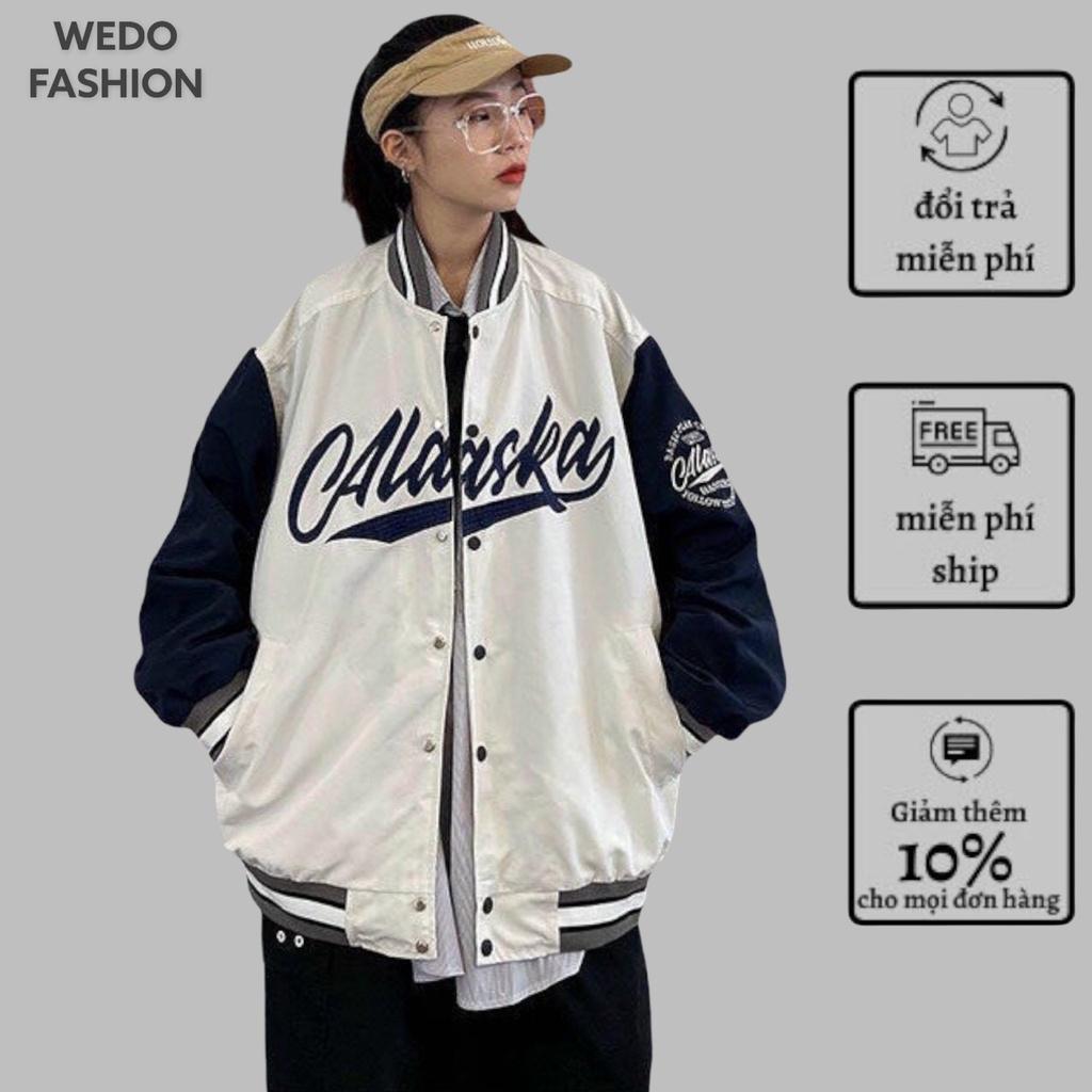 Áo khoác bomber nữ in chữ nổi ALASKA kiểu dáng bóng chày phối nút bấm phong cách tiểu thư cá tính