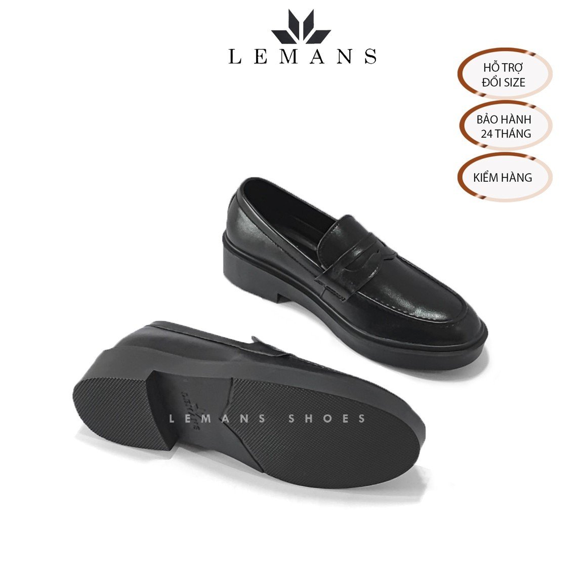 Giày da bò Penny Loafer Black LEMANS PL01D, da bò nguyên tấm, tăng chiều cao 4cm, bảo hành 24 tháng