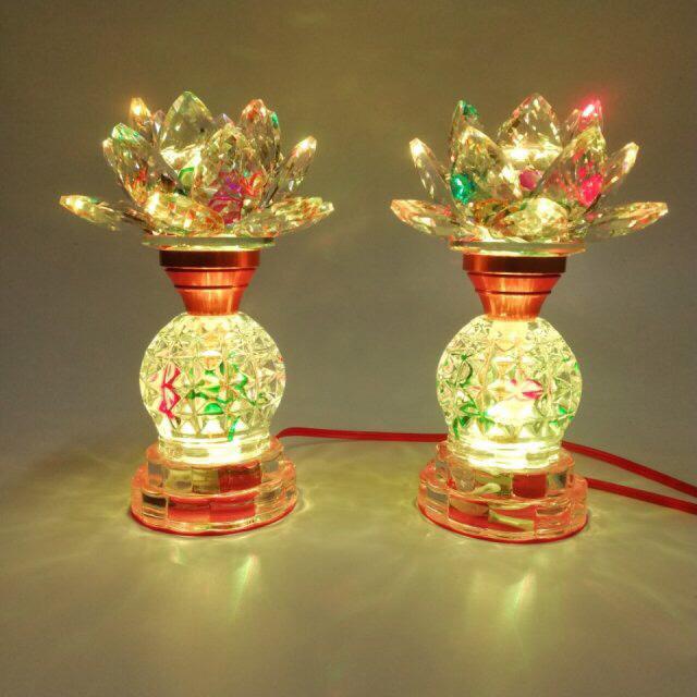 Bộ 2 đèn thờ pha lê hoa sen thân hình cầu họa tiết VDT-052