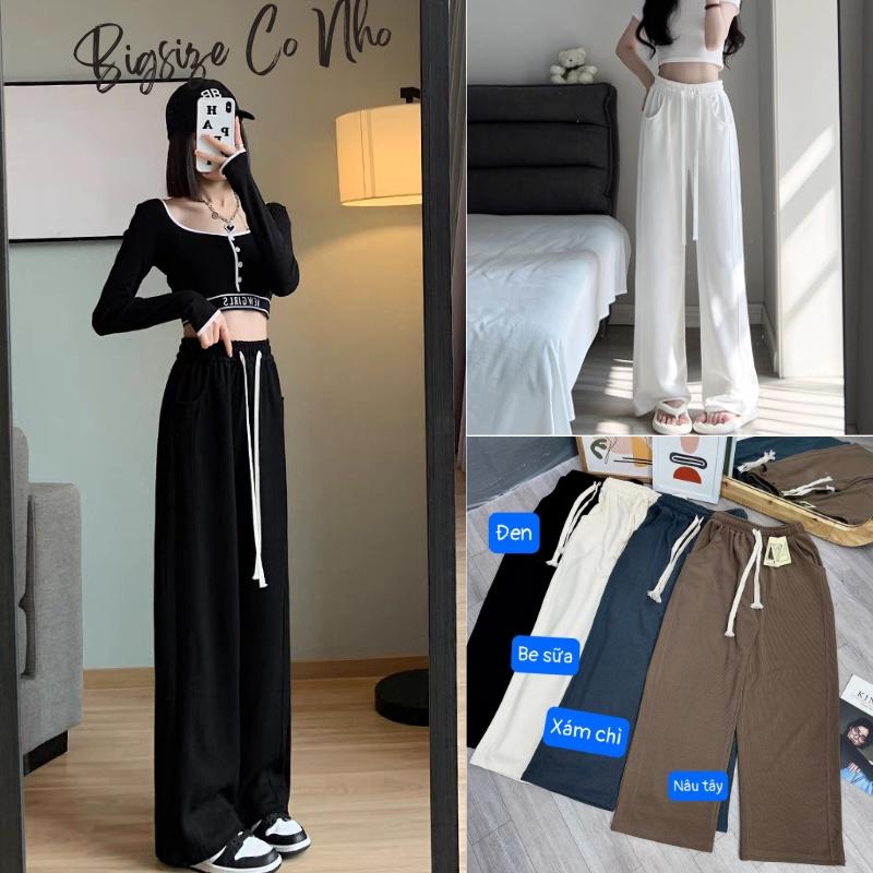 Quần thun dài bigsize nữ ống rộng phối dây cột trắng bản lưng chun co giãn Bigsize Cô Nhỏ - Q14 - Màu Đen