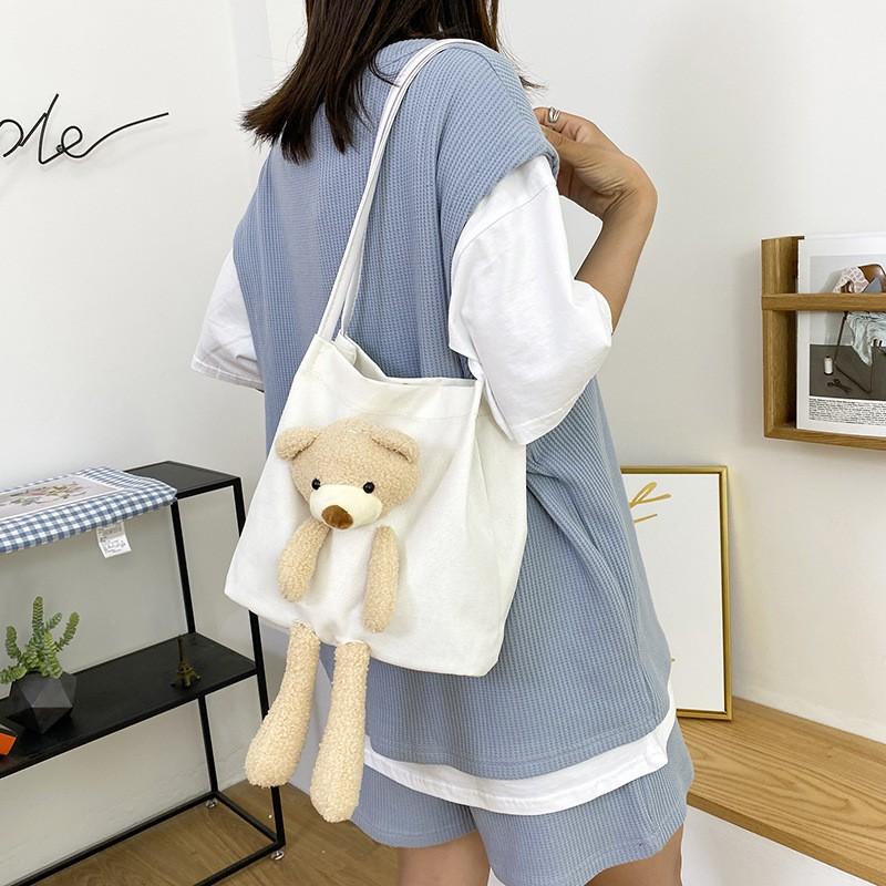 Cute Bear Canvas Bag Female Student Shoulder Messenger Bag Internet Celebrity Large Capacity Shoulder Bag