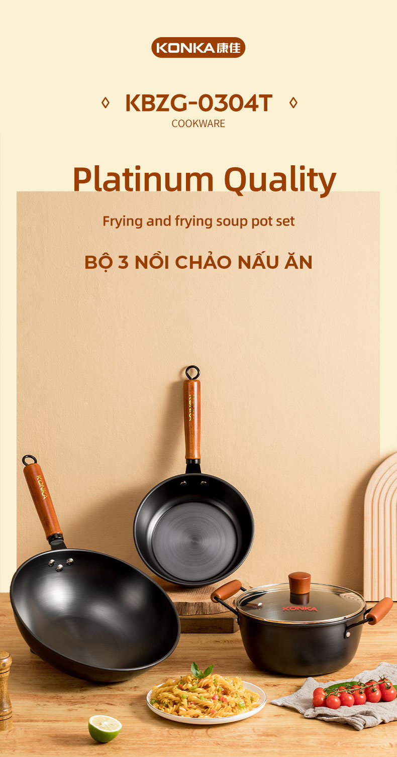 Bộ nồi chảo chống dính Konka Mẫu Mới thép tôi bóng, chống dính chống mài mòn-Hàng nhập khẩu