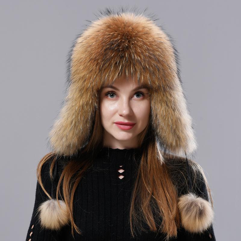 Tự Nhiên Cáo Lông Hàng Không Nga Nón Tai Ushanka Nữ Mùa Đông Ấm Lông Tơ Nữ Thời Trang Đuôi Nắp Thật Thời Trang Lông Thú nón