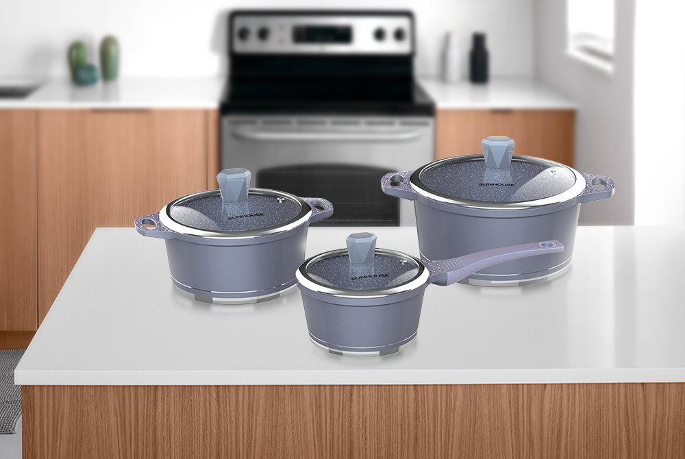 Bộ nồi quánh vân đá đáy từ SUNHOUSE SHG2003MMA - Dùng được mọi loại bếp - Bộ sản phẩm 2 nồi kích thước 20,24 cm và 1 quánh 16 cm