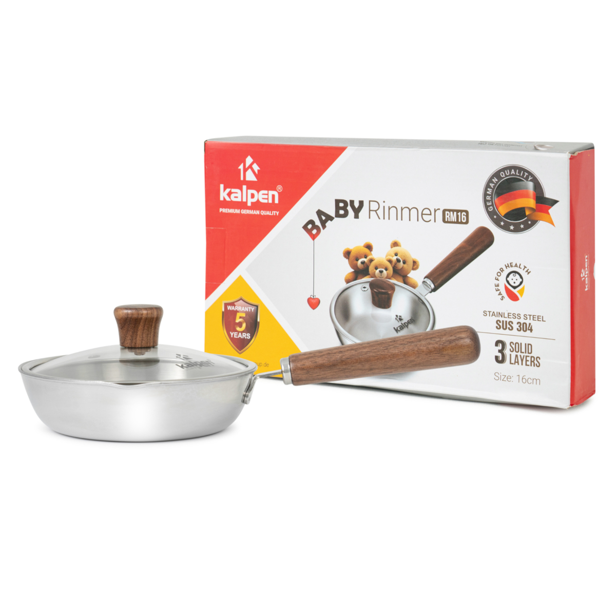 Chảo Inox 3 lớp đúc liền khối miệng rót Kalpen Rinmer 16cm kèm vung kính, bảo hành 5 năm